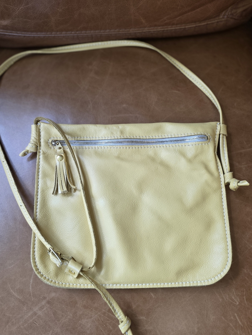 Yellow Italian Leather Crossbody Bag with Tassel